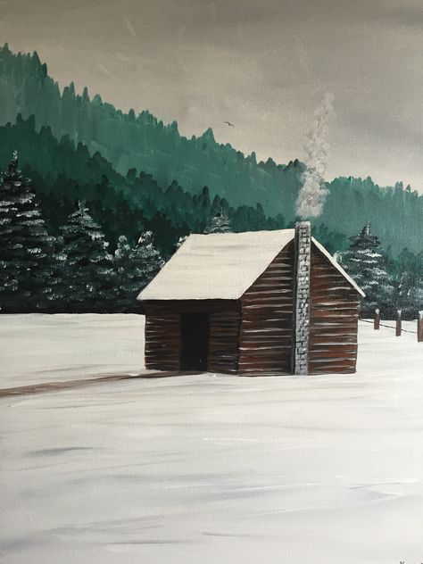 Mt. Cabin Cabin Abstract Painting, Cabin Painting Easy, Cabin In Woods Painting, Cabin Painting, Simple Cabin, Snowy Cabin, Painting Challenge, Record Painting, Cabin Art