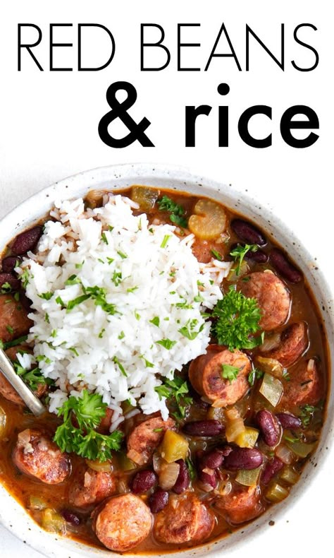 Easy Red Beans and Rice Recipe - A faster version of traditional Creole red beans and rice, this hearty recipe is made with smoked sausage, red kidney beans, and vegetables such as onion, celery, and green bell pepper. Filled with the same bold and delicious Cajun flavors as traditional red beans and rice, the whole family will love this comforting Louisiana classic. Easy Red Beans And Rice Recipe, Easy Red Beans And Rice, Football Dinner, Red Beans And Rice Recipe Easy, Red Beans And Rice Recipe, Red Beans Rice, Red Beans N Rice Recipe, Beans And Sausage, Red Beans And Rice