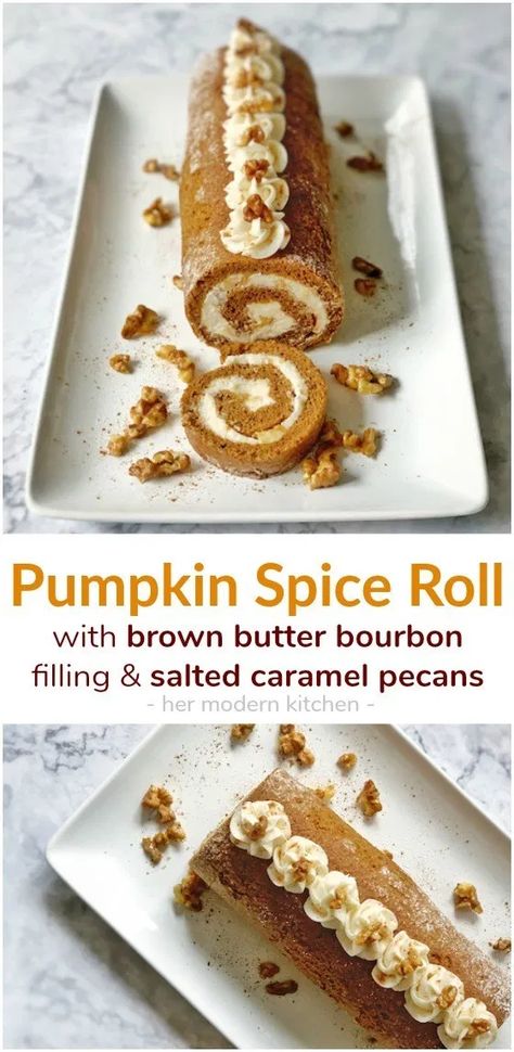 Spice Roll Cake, Spice Cake Roll, Pumpkin Spice Roll, Bourbon Frosting, Caramel Kitchen, Dessert Pairing, Brown Butter Bourbon, Butter Bourbon, Caramel Pecans