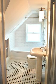 Cape Cod Renovation - hidden storage Attic Bathrooms, Cape Cod Renovation, Attic Bathroom Ideas, Small Attic Bathroom, Makeover Kamar Mandi, تحت الدرج, Black And White Tile, Attic Renovation Ideas, Finished Attic