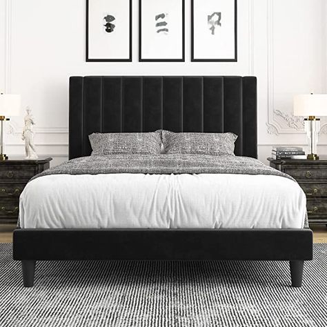 Amazon.com: Allewie Queen Bed Frame/Velvet Upholstered Bed Frame with Vertical Channel Tufted Headboard/Strong Wooden Slats/Platform Bed Frame/Mattress Foundation/Box Spring Optional/Easy Assembly/Black : Home & Kitchen Black Velvet Bed, Bed Frame Velvet, Channel Tufted Headboard, Leather Upholstered Bed, Letto King Size, Velvet Bed Frame, Black Bed Frame, Steel Bed Frame, Velvet Upholstered Bed