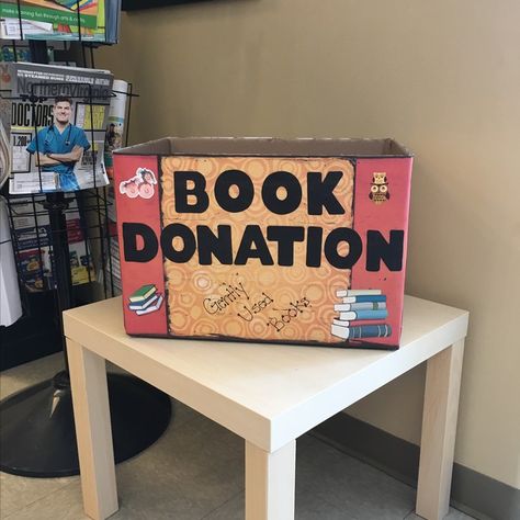 Book Donation Drive, Book Donation Box Ideas, Book Drive Box Ideas, Donation Box Design, Donation Box Ideas, Vegetarian Christmas Appetizers, Stuco Ideas, Bloxburg School, Pinwheel Sugar Cookies