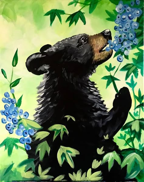 Bear Painting Ideas, Cute Bear Painting, Easy Bear Painting, Easy Paint Night Ideas, Bear Paintings Easy, Bear Painting, Bear Paintings Acrylic, Bears Canvas Painting, Black Bear Painting Acrylic Easy