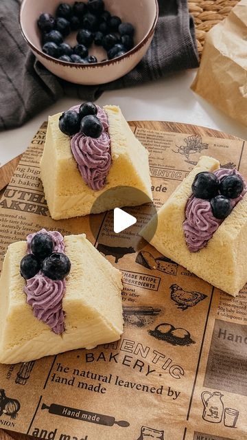 A n n i on Instagram: "Japanese blueberry cakes 🫐 This chiffon cake is so spongy and not too sweet. Paired with a delicious blueberry cream 😋  It tastes amazing with strawberry and cream too.  Ingredients 5 eggs 60g milk 50g vegetable oil 95g cake flour 65g granulated sugar 1 tosp lemon juice 1 tbsp vanilla extract  #japanesecake #chiffoncake #easyrecipe #aestheticfood #kawaiifood #foodartblog" Japanese Chiffon Cake, Blueberry Cakes, Strawberry And Cream, Japanese Cake, Croissant Recipe, Blueberry Cake, Chiffon Cake, Kawaii Food, Cake Flour