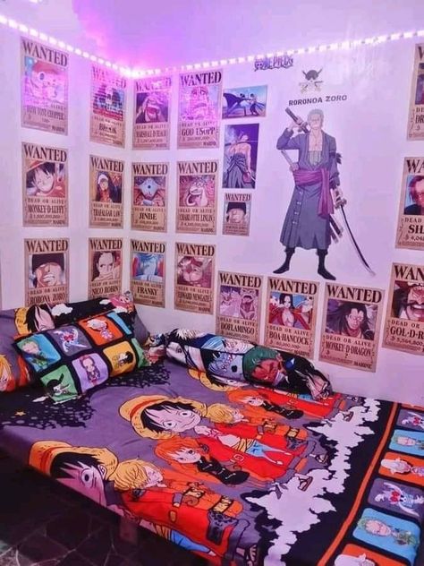 One Piece Anime Bedroom Ideas, One Piece Anime Room Decor Ideas, One Piece Room Ideas Anime, Anime Theme Room, Otaku Room Ideas Bedrooms, One Piece Bedroom, One Piece Room Decor, One Piece Decor, Anime Themed Room