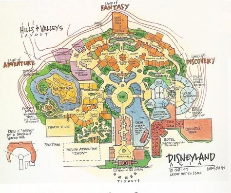 Early concept layout, Hong Kong Disneyland (1997) Theme Park Concept Art, Amusement Park Plan, Park Concept Art, Theme Park Planning, Theme Park Map, Park Concept, Disneyland Map, Map Layout, Planet Coaster