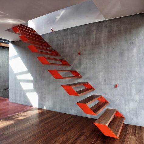 A Dozen Red Details Worth Swooning Over Escalier Design, Plans Architecture, Floating Stairs, Floating Staircase, Stair Case, Design Blogs, Lan Can, Pallet Crafts, Stair Steps