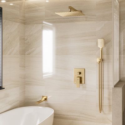 This luxury 3-in-1 shower system with a classical looking: the brushed gold finish and classical look shower system complement the decoration of your new bathroom. A dual-function shower faucet is in right now because this gives you the convenience of having one rainfall bath and one handheld sprayer which you could use for focusing on bathing your body. | CASAINC 3 Function Wall Mount Complete Rainfall Shower System w/ 3 Setting Handheld and Tub Spout yellow 10.0 in, Brass | DB-98103LSJ-10 | CS Golden Fixtures Bathroom, Champagne Gold Shower Fixtures, Free Standing Tub With Shower Head, White And Gold Bathroom Shower Ideas, Bathroom Brass Faucet, Shower With Gold Accents, Gold Rain Shower Head, Bathroom Standalone Tub, Bathrooms With Brass Fixtures