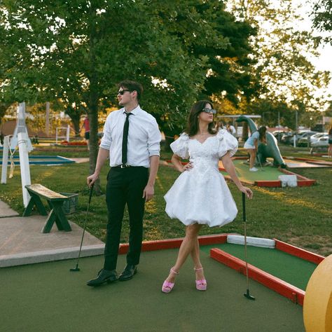 springfield’s nostalgic fun acre, victoria wearing her momma’s repurposed wedding dress, hot pink shoes and golf balls. 🩷 victoria & aidan ended their engagement session on the putt putt course, where they had their first date 🥹 Golf Course Engagement Photoshoot, Golf Course Couple Photoshoot, Mini Golf Engagement Photos, Sporty Engagement Photos, Mini Golf Photoshoot, Golf Course Engagement Photos, Golf Engagement Photos, Repurposed Wedding Dress, Putt Putt Course