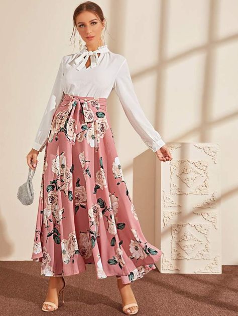 Shein Wide Band Waist Tie Front Floral Print Skirt Skirts Shein, Cave Women, Faux Leather Midi Skirt, Printed Pleated Skirt, Women Costumes, Leather Midi Skirt, Outfits Dress, Floral Print Skirt, Long Skirts