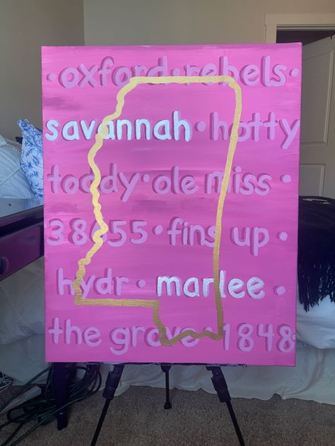 Roommate Painting, College Painting Canvases Dorm Room, Dorm Room Ideas Ole Miss, Ole Miss Dorms, Ole Miss Canvas Painting, Dorm Door Signs, Ole Miss Stadium Painting, Mississippi State Dorm, Ole Miss Painting