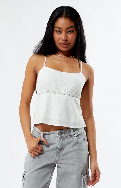 Lace Tie Back Cami Top Cute Basic Tops, Non Crop Top Outfits, Scotland Fits, Cute Tops For Summer, Tiny Tops, White Summer Top, White Cami Top, White Cami Tops, White Lace Crop Top