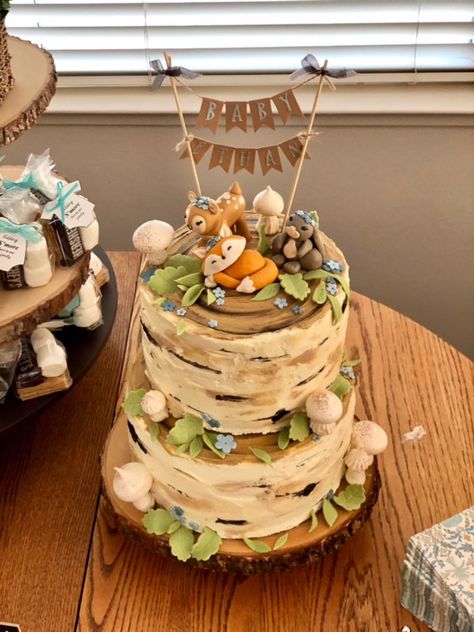 Woodlands Birthday Cake, Woodlands Baby Shower Cake, Woodland Shower Cake, Woodland Cake Baby Shower Boy, Woodsy Baby Shower Cake, Woodland Baby Shower Theme Cake, Woodland Cake Birthday, Woodland Cake Ideas, Forest Baby Shower Cake