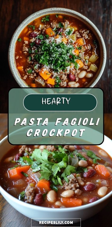 I love making this hearty Pasta Fagioli in my crockpot! It's packed with beans, ground meat, and colorful veggies, creating a comforting meal perfect for any day. The rich flavors meld beautifully, making it an easy and delicious option for busy evenings. You’ll want to savor every spoonful! Crockpot Recipe Easy, Pasta Fagioli Crockpot, Pasta Fagioli Recipe, Crockpot Pasta, Colorful Veggies, Ditalini Pasta, Pasta Fagioli, Italian Soup, Crockpot Recipe