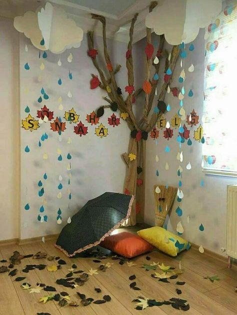 Rainy Season Theme Classroom Decoration Ideas for School • K4 Craft Fall Classroom Decorations, Flower School, Paper Tree, Class Decoration, Autumn Crafts, Preschool Classroom, School Decorations, Autumn Activities, Classroom Themes