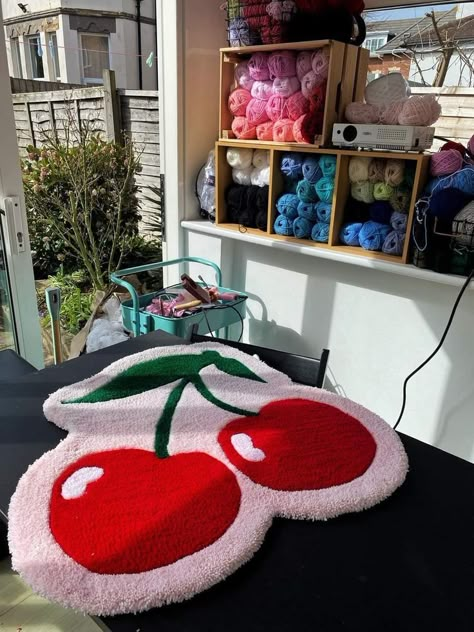 ₊˚ෆ Follow me for more 𐙚 visit my boards ₊˚ෆ Cute Custom Rugs, Tufted Rug Design Aesthetic, Boho Tufted Rugs, Custom Rugs Diy, Tufting Template, Cherry Carpet, Cherry Room Decor, Rug Tufting Diy, Tufting Rugs Ideas