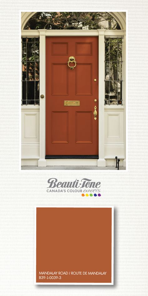 A warm terra cotta hue that is elegant and welcoming at the same time. Terra Cotta Front Door, Terra Cotta Roof, Orange Doors, Orange Front Door, Outdoor Paint Colors, Orange Front Doors, Exterior House Paint Color, Exterior Door Colors, Paint Color Combinations