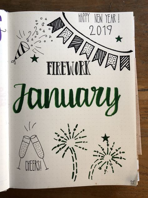 Bullet Journal January Cover Page, Church Announcements, Champagne Celebration, Boulet Journal, January Bullet Journal, Creativity Ideas, Bullet Journal Ideas Templates, Bullet Journal Mood Tracker Ideas, Bullet Journal Paper