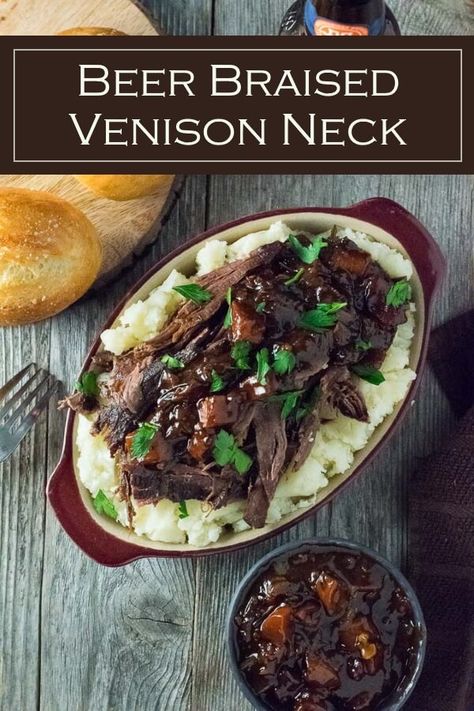 Beer Braised Venison Neck Recipe #wildgame #venison #roast #braised Fancy Venison Recipes, Neck Roast Venison Crockpot, Deer Neck Roast Recipes, Venison Heart Recipes, Venison Neck Roast Recipe, Venison Roast Recipes, Braised Venison, Venison Casserole, Recipes Venison