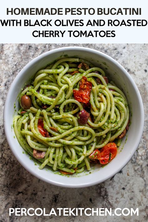 Homemade Pesto Bucatini, Black Olive, and and Roasted Cherry Tomatoes Pesto Bucatini, Reheat Pasta, Bucatini Pasta, Roasted Cherry, Creamy Pesto, Roasted Cherry Tomatoes, Homemade Pesto, Cracked Pepper, Green Olives