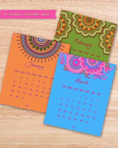 Diy Calendar Wall, Mandala Calendar, Colourful Desk, 2023 Monthly Calendar, 2023 Printable, Colorful Desk, Calendar Wall, Diy Calendar, Art Calendar