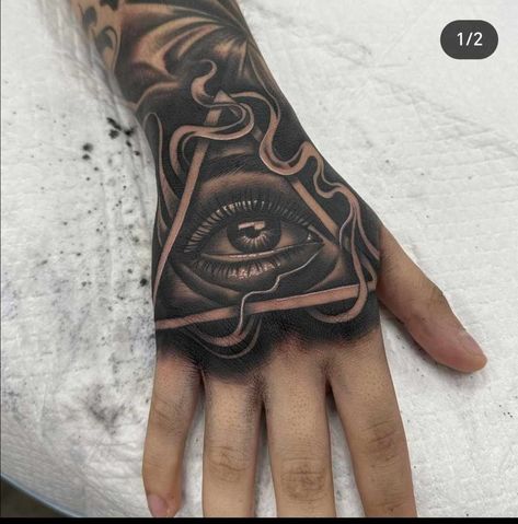 Eye Hand Tattoo, Hand Tattoo Cover Up, Unique Hand Tattoos, Cover Up Tattoos For Men, All Seeing Eye Tattoo, Geometric Sleeve Tattoo, Cool Wrist Tattoos, Hand Tats, Wrist Tattoos For Guys