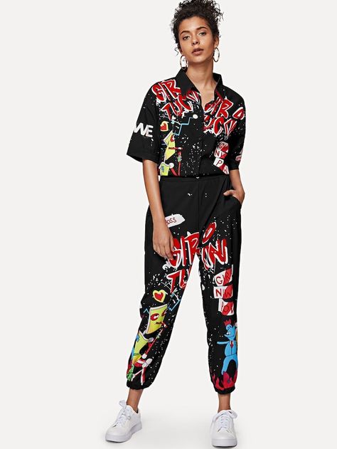 Graffiti Print Shirt Detail Jumpsuit | SHEIN Street Art Clothing, Graffiti Print Fashion, Graffiti Inspired Fashion, Graffiti Artist Outfit, Graffiti Outfit, Graffiti Clothes, Jumpsuit Ideas, Street Art Fashion, Graffiti Clothing