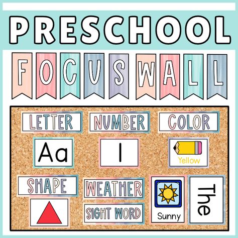 PreK Free Worksheets| Made By Teachers Prek Calendar Board, Preschool Boards Ideas, Letter Of The Week Preschool Board, Focus Walls Classroom, Family Picture Wall Classroom, Prek Word Wall, Prek Classroom Wall Decor, Prek Focus Board, Weekly Focus Bulletin Board