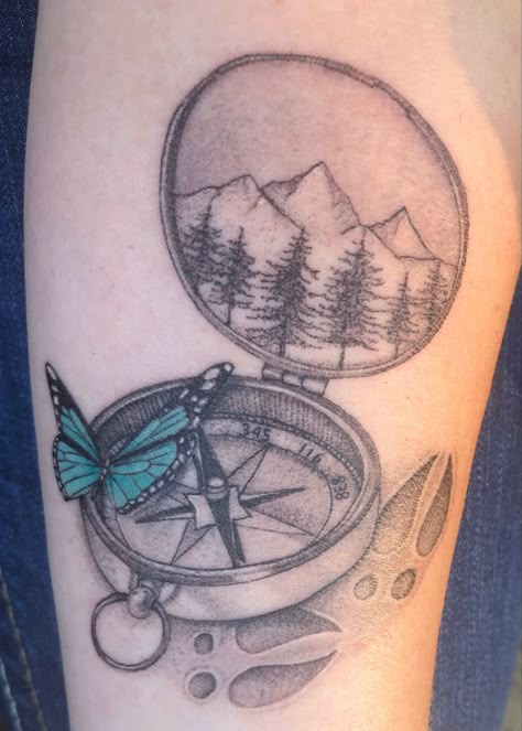 compass. family. mountains. trees. butterfly. White Tail deer. tracks. trauma warrior. strength. tattoo. Compass Tattoo With Butterfly, Butterfly With Mountains Tattoo, Butterfly Compass Tattoo, Deer Track Tattoo, Compas Tattoo, Camping Tattoo, Dad Drawing, Deer Tracks, White Tail Deer