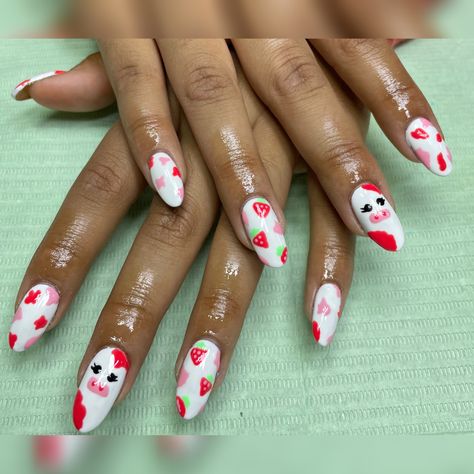 Strawberry Cow Nails Acrylic, Strawberry Milk Cow Nails, Nail Ideas Strawberry, Strawberry Cow Nails, Strawberry Acrylic Nails, Pink Cow Nails, Strawberry Nails Acrylic, Strawberry Nails Designs, Pink Strawberry Nails