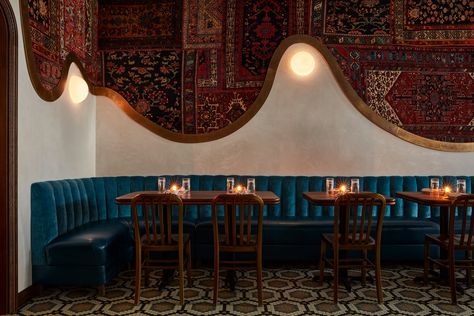 Persian Interior Design, Velvet Banquette, Walnut Tables, Organic Interiors, Eclectic Restaurant, Restaurant Exterior, Eclectic Interior Design, Custom Furniture Design, Center City