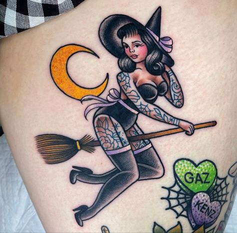 Witch And Cat Tattoo, Witch Pinup Tattoo, Traditional Tattoo Halloween, 2023 Tattoo, Pinup Tattoo, Illusion Tattoos, Optical Illusion Tattoos, Wrist Tattoo Ideas, Wrist Tattoo Designs