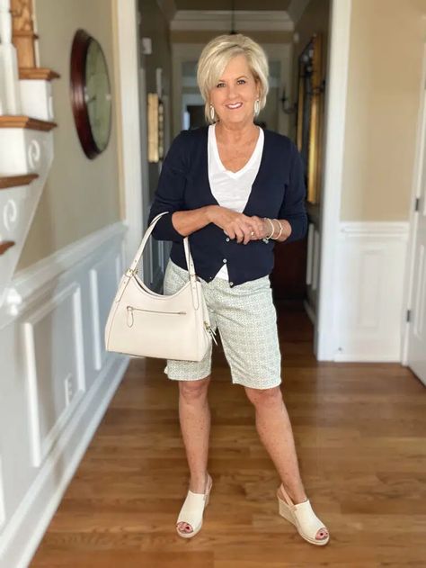 THIS OR THAT - WEARING SHORTS OVER 50 - 50 IS NOT OLD Shorts Over 50, Casual Summer Outfits Shorts, Blue Shorts Outfit, Tania Stephens, Spring Pants, Inspirational Outfits, Over 40 Fashion, 50 Is Not Old, Amazon Influencer