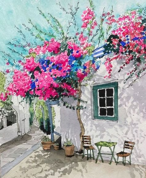 Watercolour Architecture, Living Interior Design, Me Bag, Greece Painting, Watercolor Typography, Landscape Painting Tutorial, Watercolor Flowers Tutorial, Watercolor Beginner, Watercolor Architecture