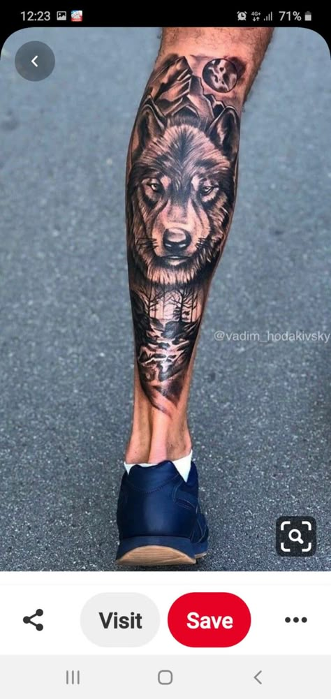 Wolf Tattoo Design Men Leg, Jj Redick Tattoo, Wolf Leg Tattoo Men, Wolf Tattoo Leg Men, Wolf Calf Tattoo Men, Wolf Tattoo Leg, Wolf Tattoo Thigh, Wolf Leg Tattoo, Men’s Calf Tattoo