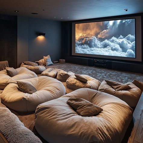 Cozy Movie Theater Room, Bean Bag Movie Room, Tv Room Bean Bags, Media Room Beanbags, Bean Bag Cinema Room, Movie Theather, Bean Bag Cinema, Bean Bag Seats, Movie Theater Rooms