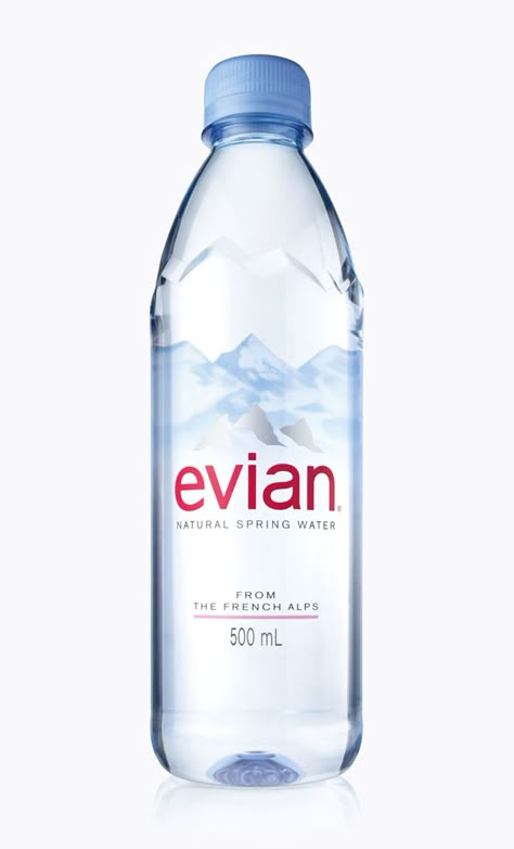 Beautifully simple new Evian bottle Evian Water Bottle, Evian Water, Water Bottle Label Design, Mineral Water Bottle, Water Packaging, Natural Spring Water, Water Branding, Bottle Label Design, Evian Bottle