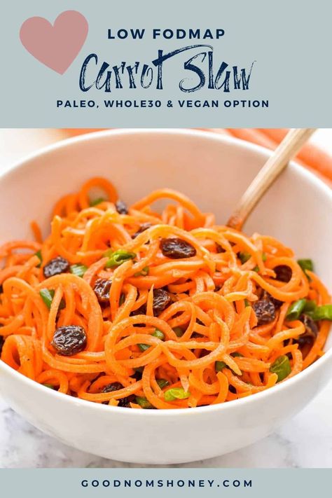 Sweet and tangy with a satisfying crunch, this low FODMAP carrot slaw only takes about 10 minutes of hands-on time to make and is a great low FODMAP side dish to serve alongside roast chicken, holiday ham, and many other main dishes. #LowFODMAP, #Paleo with #Whole30 and #vegan options, #vegetarian and #refinedsugarfree. ~ Good Noms, Honey! ~ Low FODMAP Carrot Slaw ~ Low FODMAP Carrot Salad ~ Low FODMAP Side Dish ~ Low FODMAP Side Salad ~ Low FODMAP Potluck Recipes ~ Low FODMAP Easter Recipes Salad Low Fodmap, Traditional Coleslaw Recipe, Whole30 Vegan, Carrot Slaw, Ibs Recipes, Holiday Ham, Grilled Pork Chops, Low Fodmap Diet, Low Fodmap Recipes