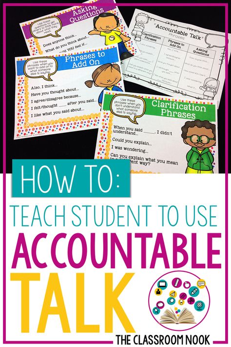 Want to increase deeper conversation between your students? Teach them how to use accountable talk with tips and ideas from this blog post. You can even snag a free set of Accountable Talk posters to display in your classroom #accountabletalk Collaborative Conversations Anchor Chart, Accountable Talk Anchor Chart, Accountable Talk Posters, Academic Conversations, Talk Moves, Discussion Strategies, Class Community, Accountable Talk, Teaching Kindness