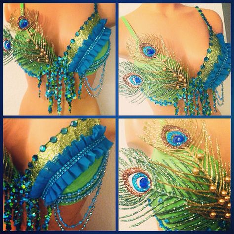 Decorated Bras, Rave Bras, Baju Kahwin, Peacock Costume, Mermaid Bra, Diy Bra, Edc Outfits, Rave Costumes, Diy Outfits