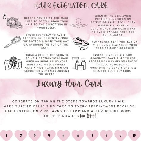 Hair Aftercare Card, Hair Extension Marketing, Hair Extension Display Ideas, Hair Extensions Care Tips, Hairstylist Captions, Extension Display, Extension Styles, Salon Business Plan, Hair Content