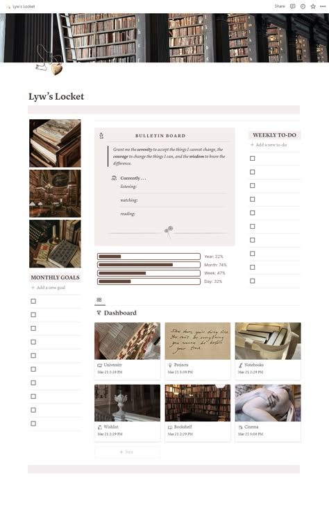 a pretty and kinda minimalistic dar academia template<3includes:— home page↳ bulletion board with currently favorites↳ weekly to do↳ monthly goals— pages↳ university: keep your classes and university information in order here.↳ projects: keep here your projects with a calendar view↳ notebooks: keep here all the things you want to bookmark↳ wishlist: keep here all the things you want and need↳ bookshelf: keep here the books read and books currently reading↳ cinema: keep here all the media Notion Template Ideas Light Academia, Notions Bookshelf Template, Notion Home Page Template, Notion Beginner, Notion Bookshelf Template, Dark Academia Notion Template, Minimal Notion Template, Dark Academia Notion, Notion Home Page