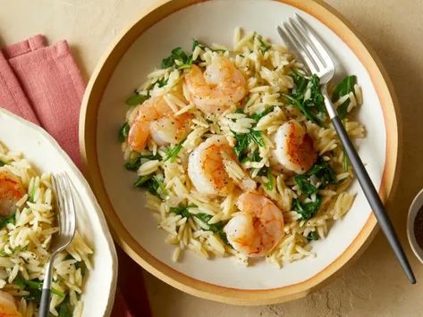 Lemon Shrimp Orzo, Shrimp Scampi With Orzo, Orzo Spinach, Shrimp And Pasta, Shrimp Orzo, Feta Recipe, Arugula Recipes, Lemon Shrimp, Spinach Feta