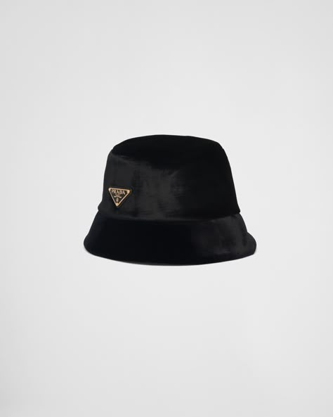 Black Velvet Bucket Hat | PRADA Prada Items, Black Bucket Hat Outfit, Black Bucket Hats, Velvet Bucket Hat, Chloe 2024, Prada Bucket Hat, Prada Hat, Korea Trip, Prada Glasses