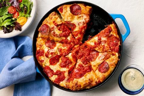 Cast-Iron Pepperoni Pizza Recipe Cast Iron Pepperoni Pizza, Pepperoni Pizza Recipe, Homemade Pepperoni, Homemade Pepperoni Pizza, Pizza Recipes Pepperoni, Cast Iron Pizza, Simple Salad, Pizza Delivery, Sausage Pasta