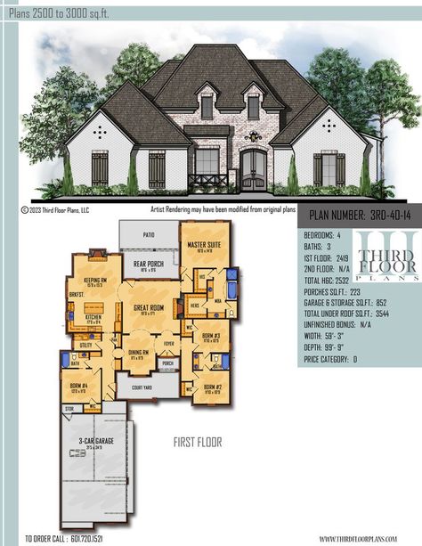 This elagent 4 bedroom 3 bath home plan has chef’s kitchen w/ large island breakfast nook & a keeping room with fireplace. The great room has a fire place & views of the rear porch. The master suite has large walk in closet, separate tub & shower. The 2 & 3 bedrooms share a Jack & Jill bath. Just down the hall from bdrm 4 is a court load 3 car garage with storage. All for just 2500 Sq Ft H&C. Keeping Room With Fireplace, Garage With Storage, Large Walk In Closet, Room With Fireplace, Keeping Room, 3 Car Garage, Shared Bedrooms, Tub Shower, Home Plan