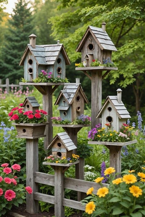 Bird House Backyard Ideas, Diy Rustic Birdhouse, Bird House On Fence, Birdhouse Landscaping Ideas, Garden Bird Feeders Ideas, Birdhouse Display Ideas Gardens, Outdoor Bird Houses, Bird Houses On Trees, Whimsy In The Garden