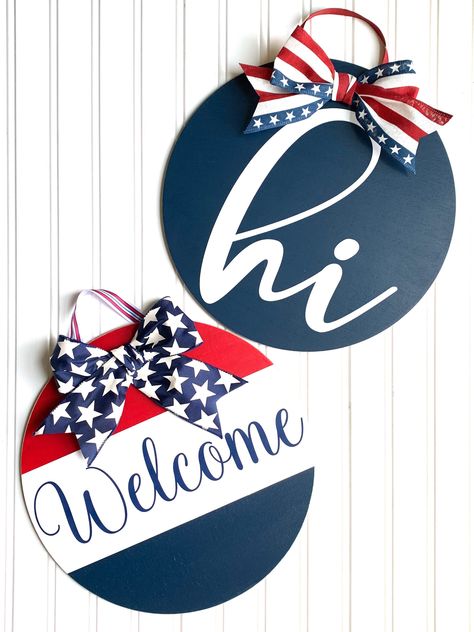 Excited to share this item from my #etsy shop: Patriotic Navy Blue Wood Sign With American Flag Ribbon Bow/Welcome Front Door Hanger/Summer Front Door Wood Round/Red, White, Blue Sign Patriotic Wood Signs, Front Door Wood, Welcome Front Door, Summer Front Door, Patriotic Door Hanger, Front Door Hanger, 4th July Crafts, Door Signs Diy, Wooden Door Signs