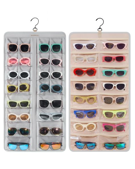 PRICES MAY VARY. Double-sided Sunglasses Storage Wall: Size: 30.7*15.7 in. The glasses organizer can hold eyeglasses on both sides with 32 transparent PVC slots, allowing you to store multiple pairs of glasses and providing ample storage capacity. Easily organize and display your glasses in a stylish and aesthetic way. Protective for Glasses: Sunglass organizer case made of soft material and equipped with PVC dustproof storage slots, the storage rack is highly wear-resistant and durable. It come Eye Glasses Organization, Glasses Storage Ideas, Sunglasses Storage Ideas, Jewelry And Sunglass Organizer, Purse Tower, Cute Ways To Display Sunglasses, Acrylic Sunglasses Organizer, Diy Sunglasses Holder Cases, Sunglasses Organization