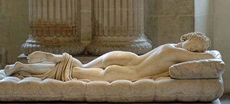 "Sleeping Hermaphroditos" Roman copy (2nd Century AD). Mattress by Gianlorenzo Bernini (1619). Mesmerizingly supple-looking, this sculpture is a life size copy of a bronze Hellenistic sculpture. In the 17 brilliant artist Bernini made the cushion so realistic that people are tempted to test its firmness. What is special about this beautiful woman? Click to the next slide or investigate in person." Bernini Sculpture, Felix Vallotton, Gian Lorenzo Bernini, Lorenzo Bernini, Antonio Canova, Henri De Toulouse Lautrec, Ancient Greek Art, Greek Sculpture, Marble Statues